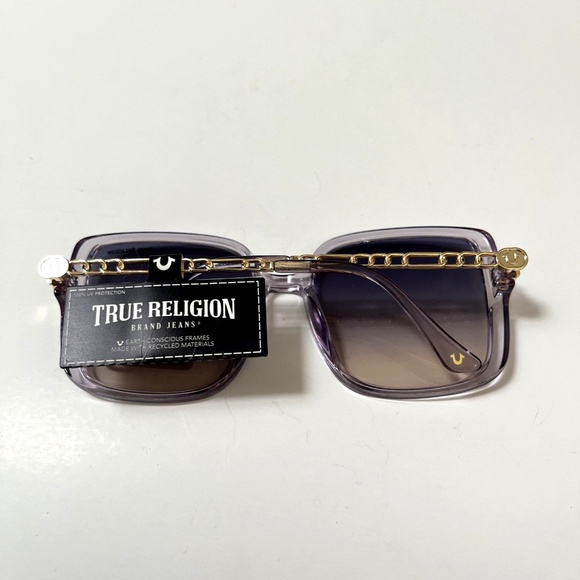 New Original TRUE RELIGION Oversized Square Sunglasses Clear Purple Acetate Gold - Picture 5 of 6